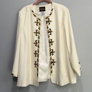 Bob Mackie Wearable Art Womens 2X Cream Embroidered Fleur-de-lis Open Jacket